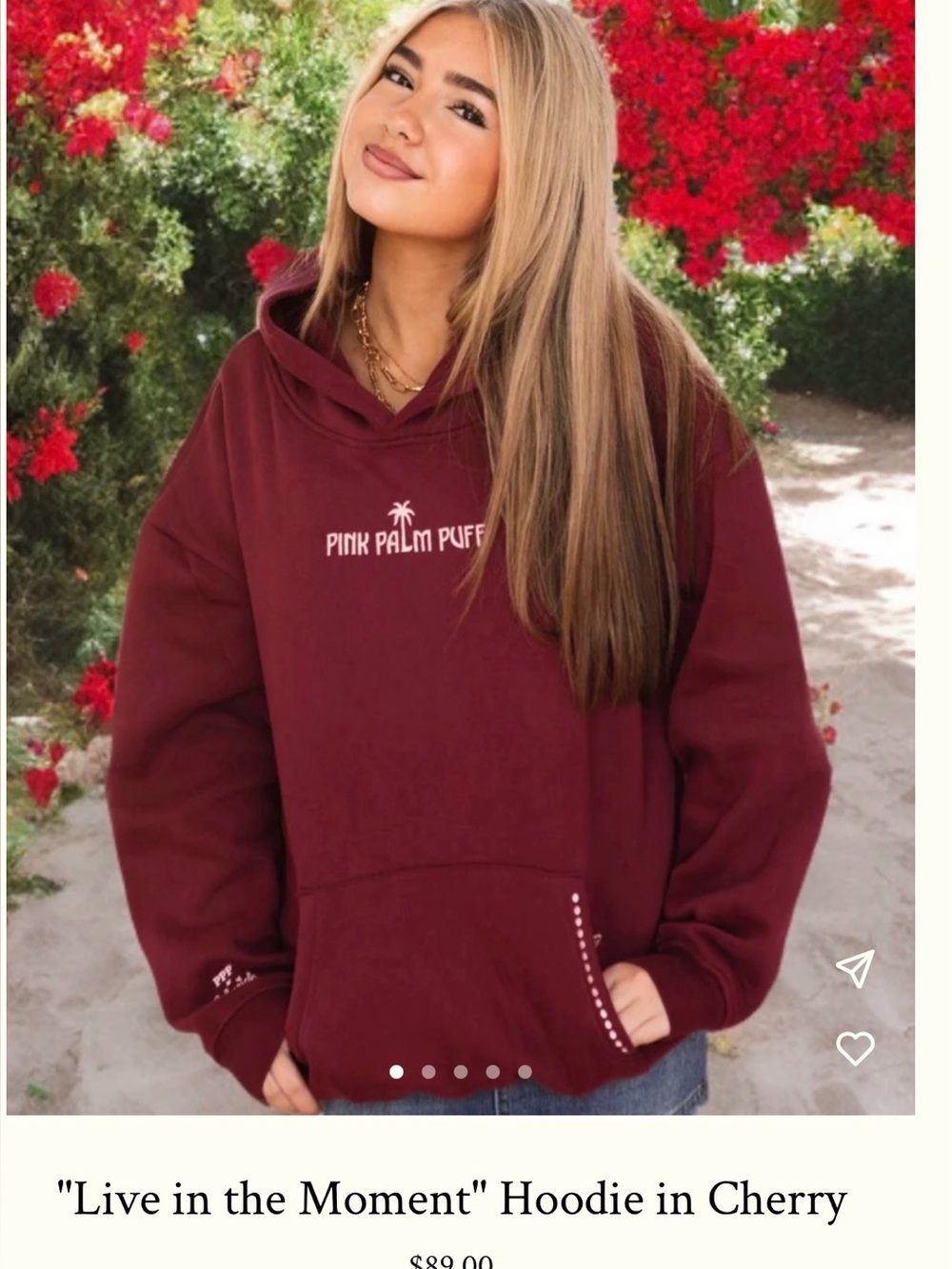 PINK PALM PUFF "Live in the Moment" Hoodie in Cherry